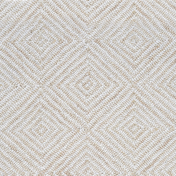Wool broadloom carpet swatch in a dense repeating diamond print in shades of cream and white.