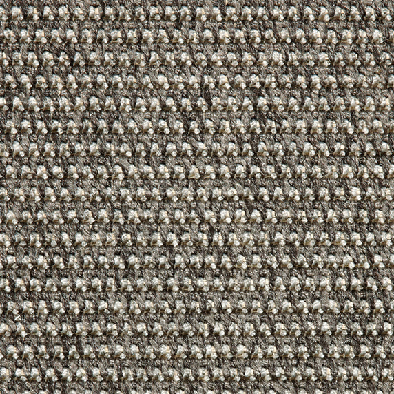 Outdoor broadloom carpet swatch in a textured linear weave in shades of cream and charcoal.