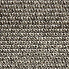 Outdoor broadloom carpet swatch in a textured linear weave in shades of cream and charcoal.