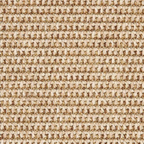 Outdoor broadloom carpet swatch in a textured linear weave in shades of cream and brown.