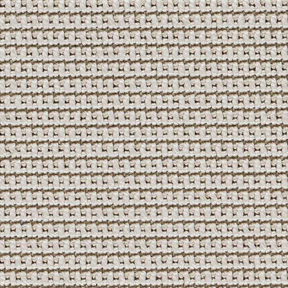 Outdoor broadloom carpet swatch in a textured linear weave in shades of white, cream and brown.