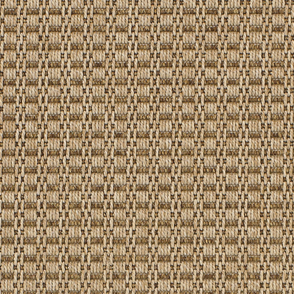 Outdoor broadloom carpet swatch in a dimensional grid weave in cream and brown.