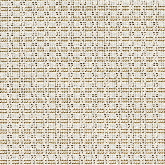Outdoor broadloom carpet swatch in a dimensional grid weave in white and gold.