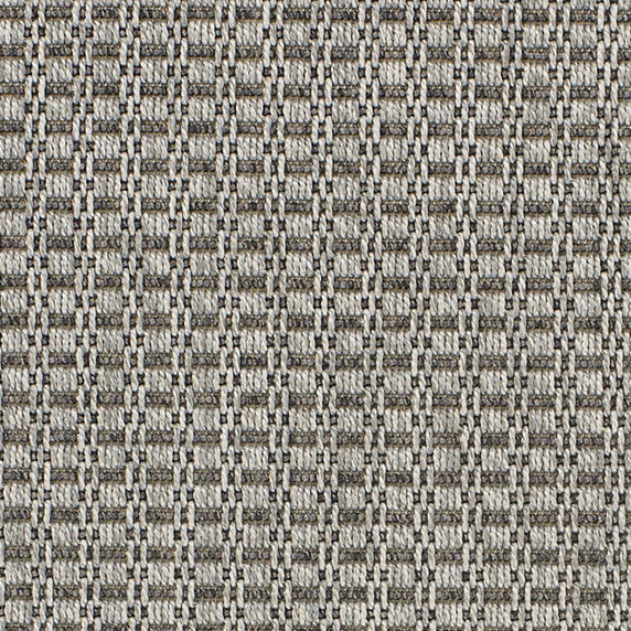 Outdoor broadloom carpet swatch in a dimensional grid weave in charcoal and gray.