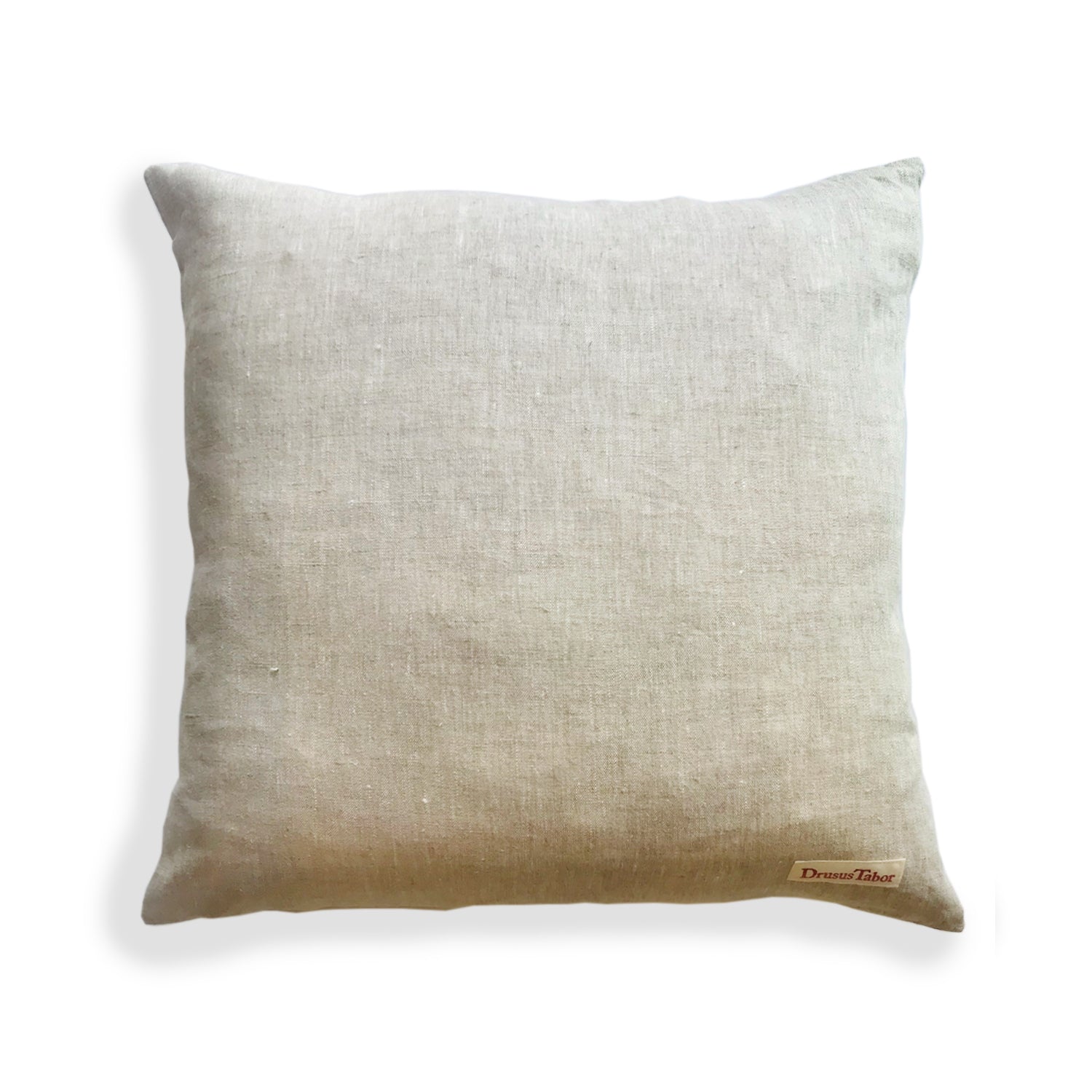 Back of a square throw pillow in solid tan.