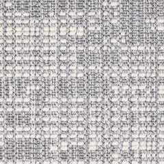 Wool broadloom carpet swatch in an abstract grid print in blue-gray and cream.