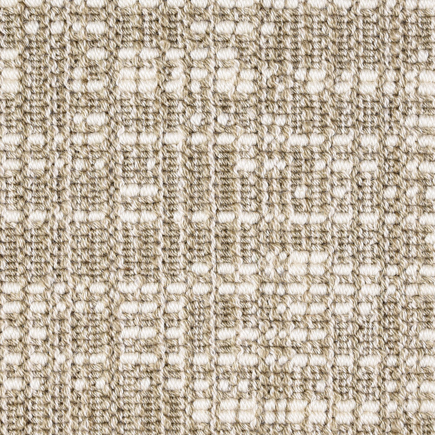 Wool broadloom carpet swatch in an abstract grid print in brown and cream.