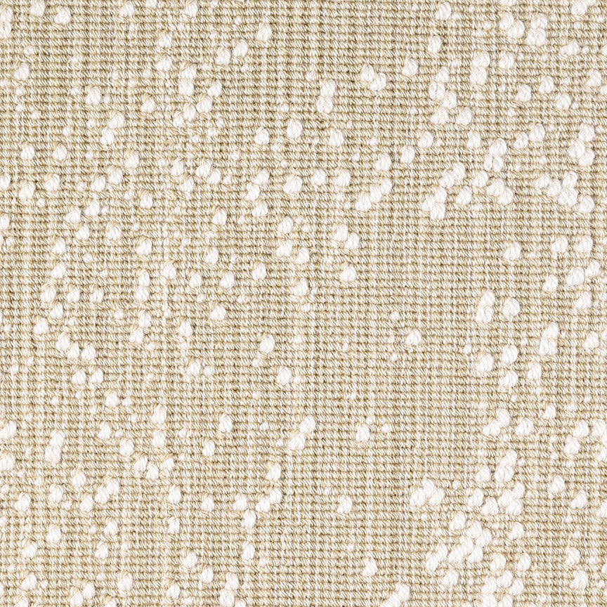 Wool broadloom carpet swatch in an irregular looped weave in cream and tan with white accents.