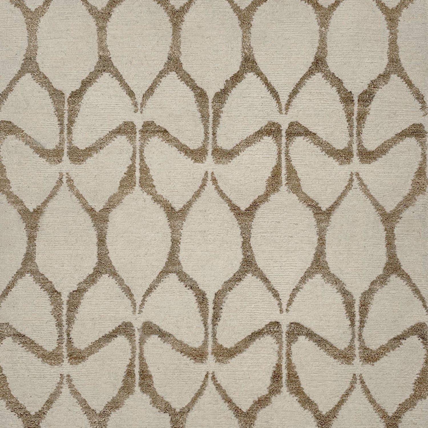 Woven high-pile rug swatch in an abstract curvolinear pattern in light brown on a cream field.