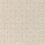 Wool-nylon broadloom carpet swatch in a geometric lattice print in cream and tan.