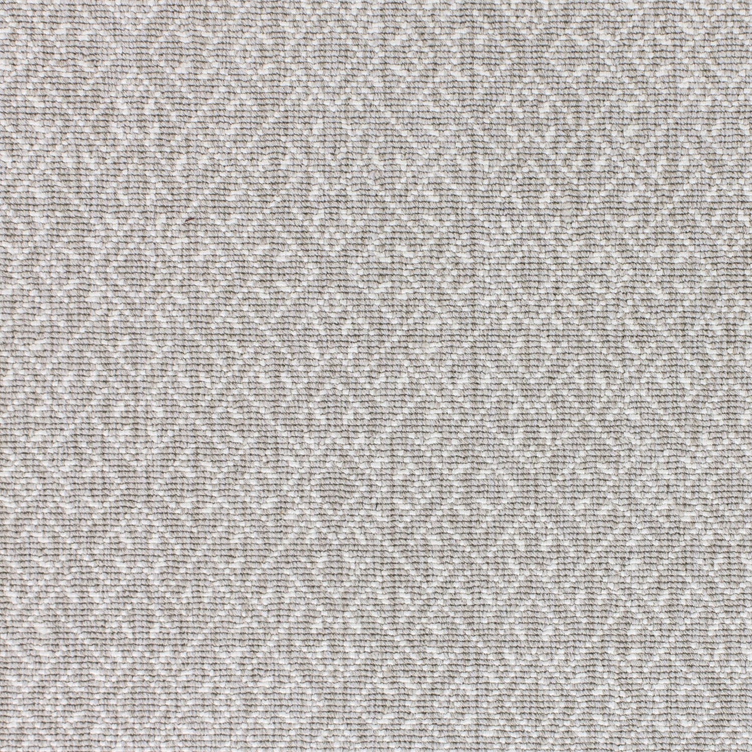 Wool-nylon broadloom carpet swatch in a geometric lattice print in cream and gray.