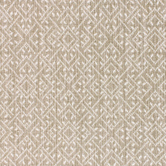 Wool-nylon broadloom carpet swatch in a geometric lattice print in cream and tan.