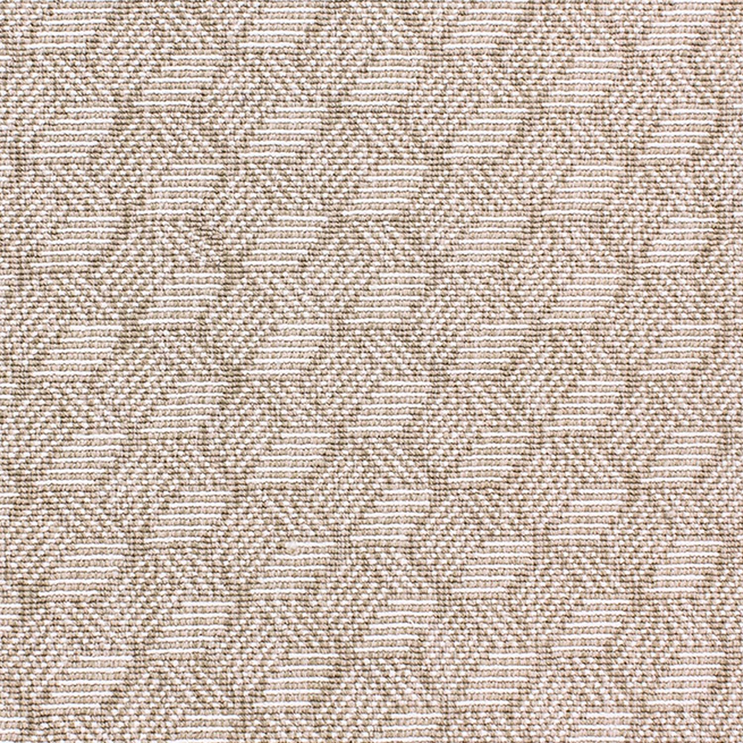 Wool-blend broadloom carpet swatch in a small-scale linear geometric pattern in white and light brown.
