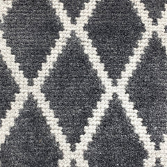Wool-blend broadloom carpet swatch in a cream and charcoal diamond lattice print.
