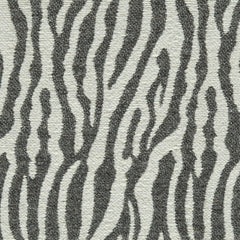 Wool-blend broadloom carpet swatch in a silver and gray tiger print weave.