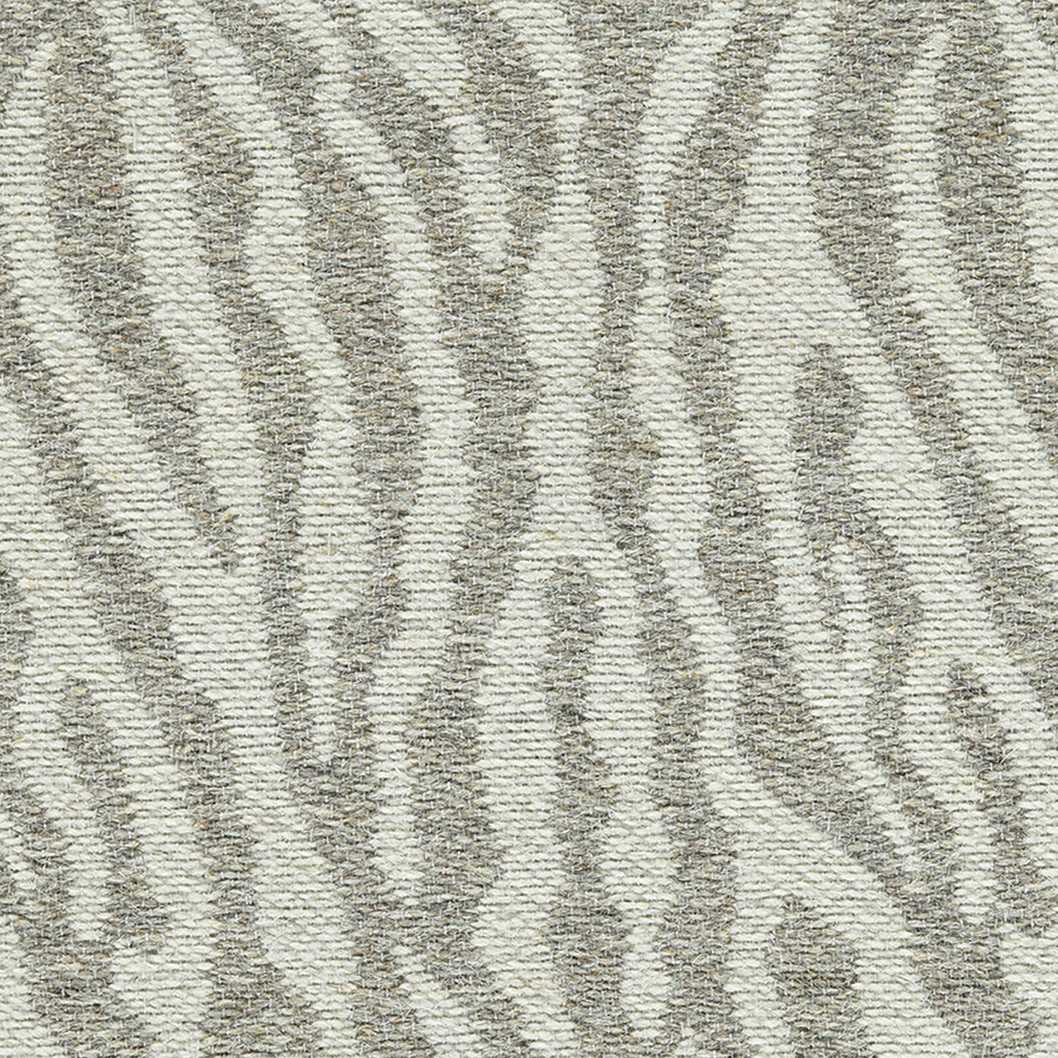 Wool-blend broadloom carpet swatch in a silver and cream tiger print weave.