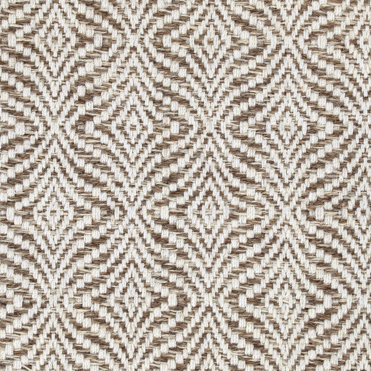 Wool broadloom carpet swatch in a dense diamond stripe pattern in white on a mottled tan field.