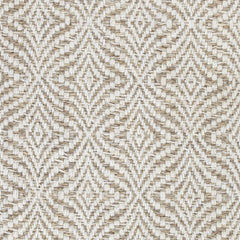 Wool broadloom carpet swatch in a dense diamond stripe pattern in white on a mottled cream field.