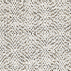 Wool broadloom carpet swatch in a dense diamond stripe pattern in white on a mottled taupe field.