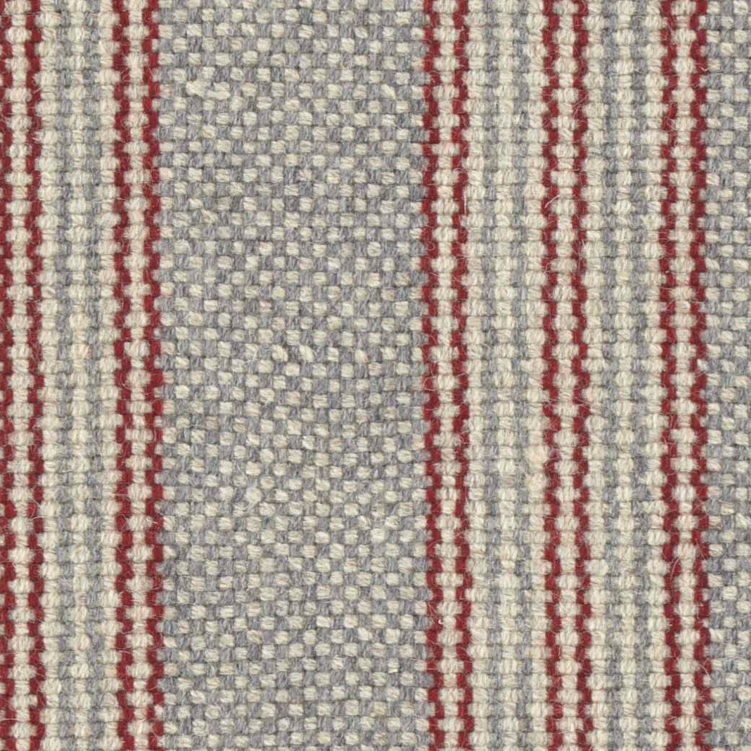Wool broadloom carpet swatch in a chunky variegated stripe weave in gray, red and cream.
