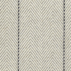 Wool broadloom carpet swatch in a striped herringbone weave in cream, silver and charcoal.