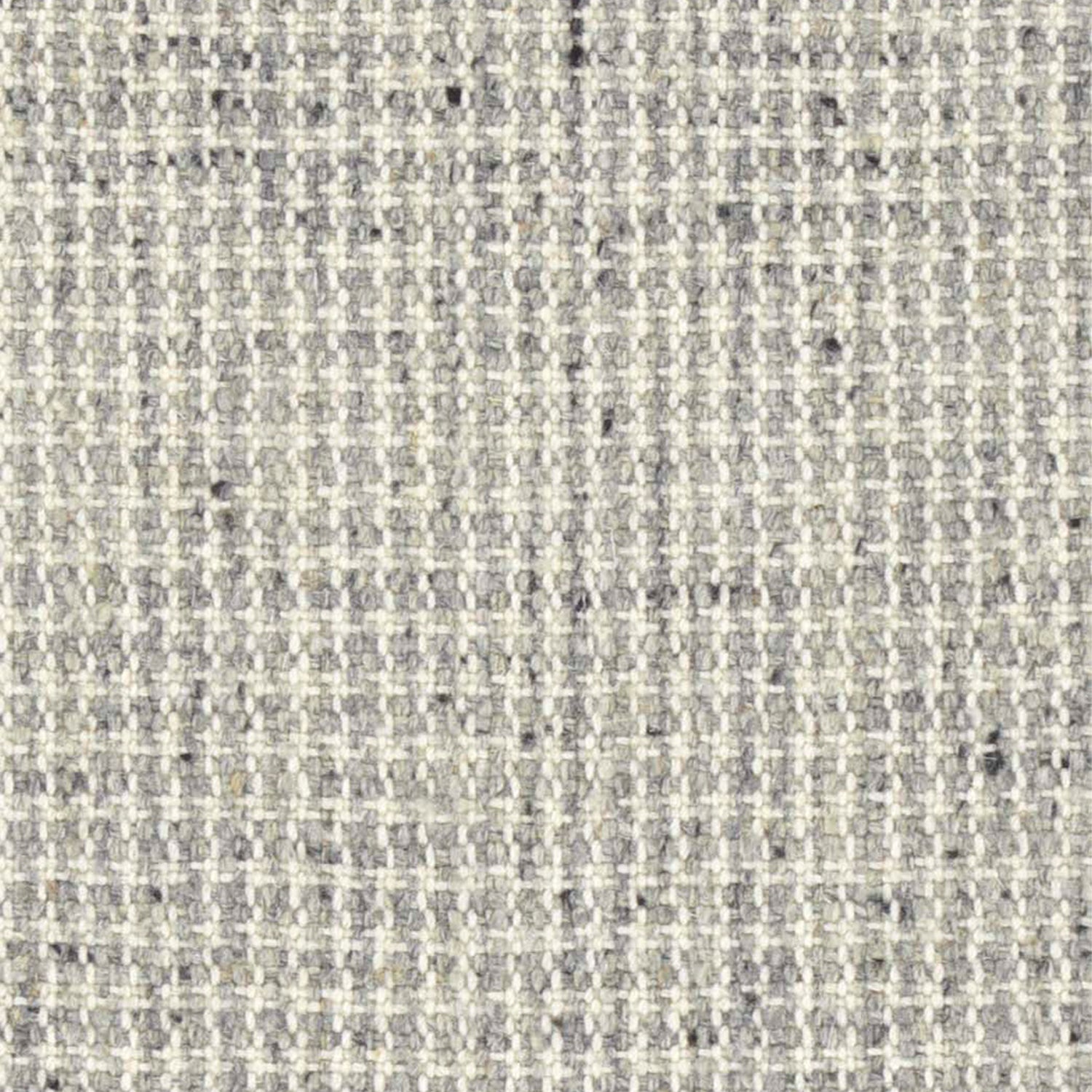 Wool broadloom carpet swatch in a chunky tweed weave in mottled cream and gray.