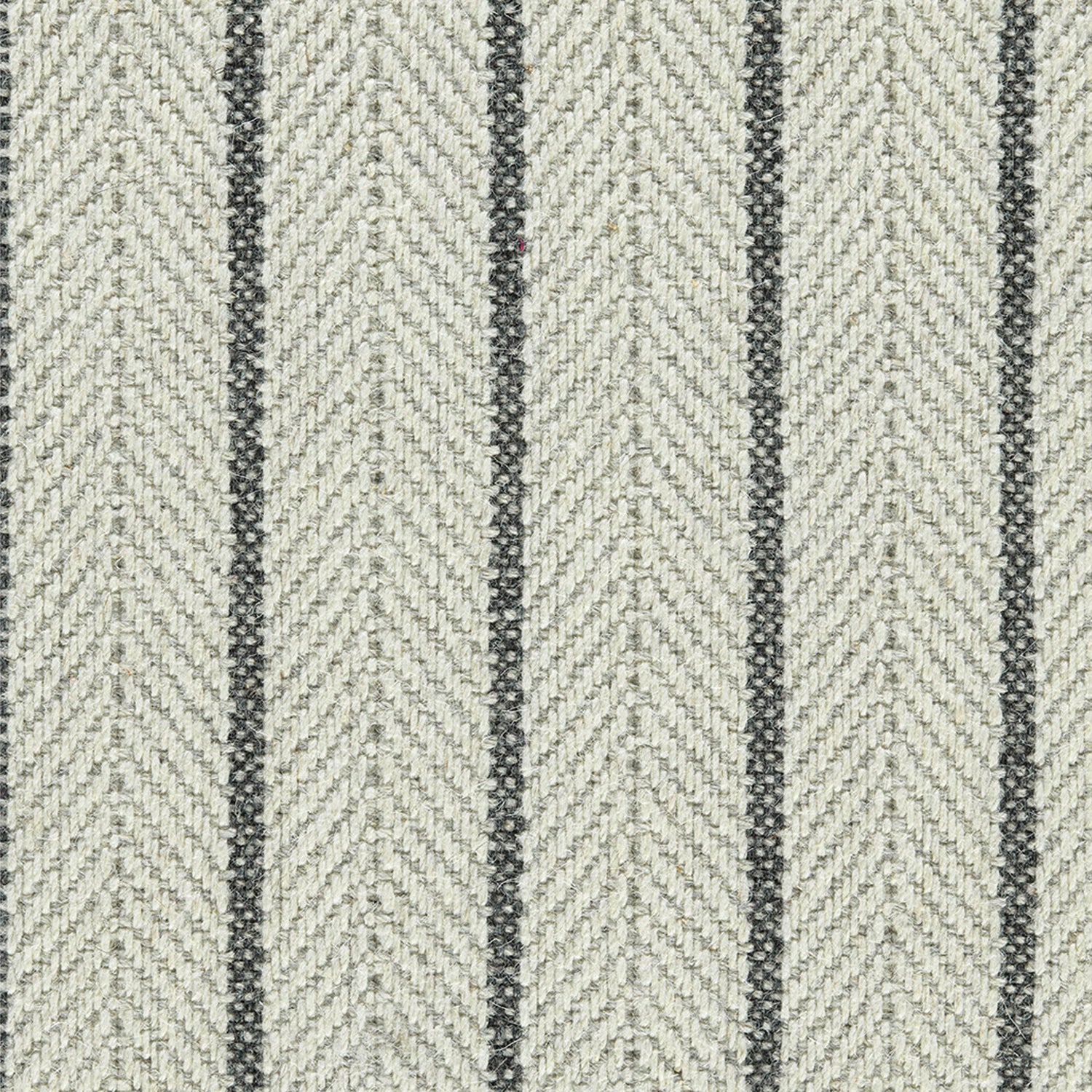 Wool broadloom carpet swatch in a striped herringbone weave in white, gray and charcoal.