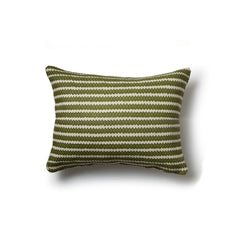 Rectangular throw pillow in a striped pattern of hand-drawn olive and brown honeycomb shapes on a cream background.