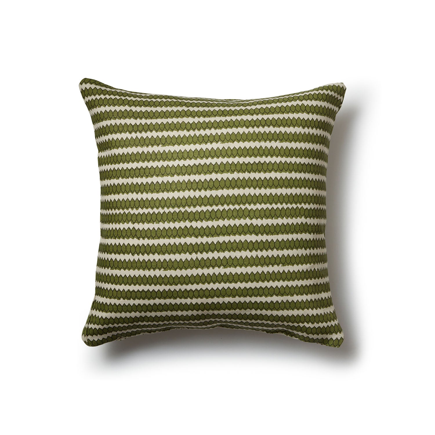 Square throw pillow in a striped pattern of hand-drawn olive and brown honeycomb shapes on a cream background.