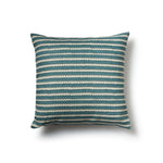 Square throw pillow in a striped pattern of hand-drawn blue and navy honeycomb shapes on a cream background.