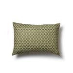 Rectangular throw pillow with a repeating Japanese-inspired scalloped pattern in shades of green, olive and cream.