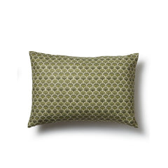 Rectangular throw pillow with a repeating Japanese-inspired scalloped pattern in shades of green, olive and cream.