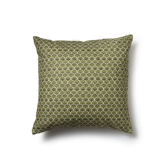 Square throw pillow with a repeating Japanese-inspired scalloped pattern in shades of green, olive and cream.