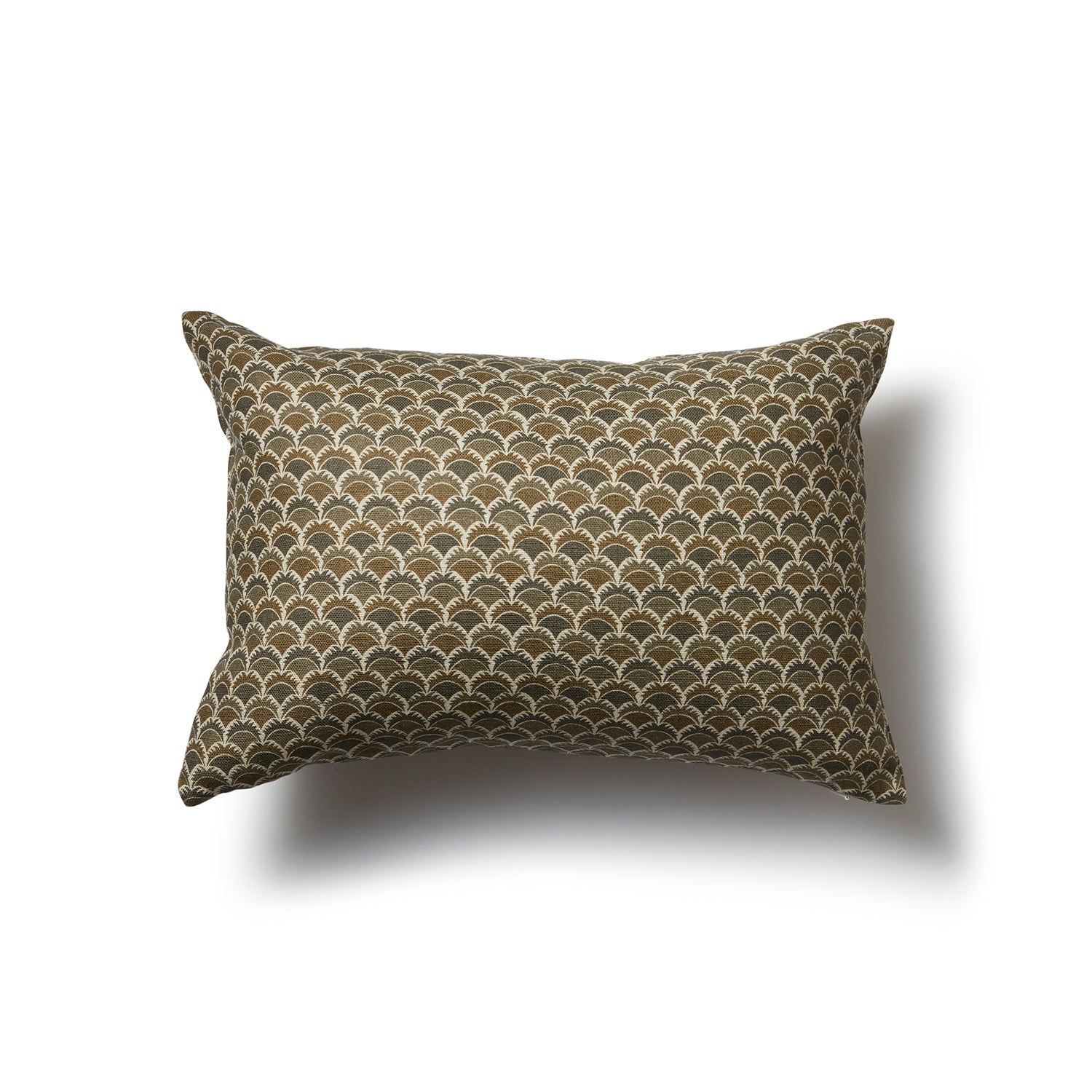 Rectangular throw pillow with a repeating Japanese-inspired scalloped pattern in shades of bronze, brown and cream.