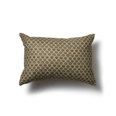 Rectangular throw pillow with a repeating Japanese-inspired scalloped pattern in shades of bronze, brown and cream.