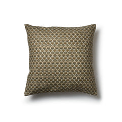 Square throw pillow with a repeating Japanese-inspired scalloped pattern in shades of bronze, brown and cream.