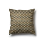 Square throw pillow with a repeating Japanese-inspired scalloped pattern in shades of bronze, brown and cream.