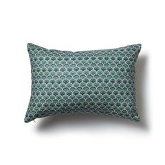 Rectangular throw pillow with a repeating Japanese-inspired scalloped pattern in shades of blue, and cream.
