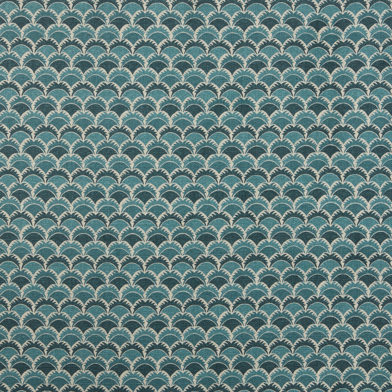 Swatch of fabric with a repeating Japanese-inspired scalloped pattern in shades of blue, navy and tan.