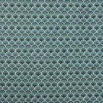 Swatch of fabric with a repeating Japanese-inspired scalloped pattern in shades of blue, navy and tan.