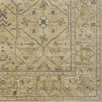 Rug swatch in a repeating geometric print with a floral border in shades of cream, gold and brown.