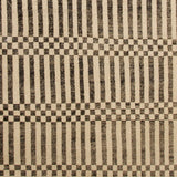 Woven rug swatch in a minimalist plaid pattern of black stripes and checks on a tan background.