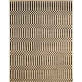 Large rectangular rug in a minimalist plaid pattern of black stripes and checks on a tan background.