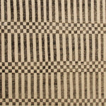 Woven rug swatch in a minimalist plaid pattern of black stripes and checks on a tan background.