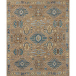 Large rectangular rug in a geometric pattern with a border of stylized bird shapes in shades of blue and yellow on a tan background.