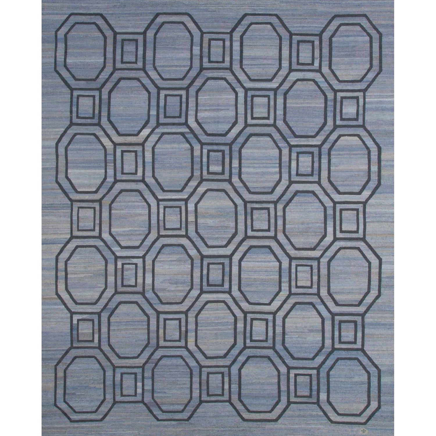 Rectangular rug with an interlocking octagon and square pattern in navy blue on a mottled blue background.
