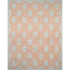Rectangular rug with an interlocking octagon and square pattern in bright coral on a tan background.