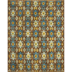 Large rectangular rug in a repeating ikat floral pattern in shades of blue and yellow on a brown field.