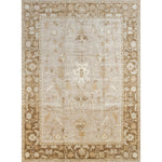 Large rectangular rug with a repeating abstract foral pattern and a dense floral border in shades of white, tan and brown.