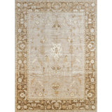 Large rectangular rug with a repeating abstract foral pattern and a dense floral border in shades of white, tan and brown.